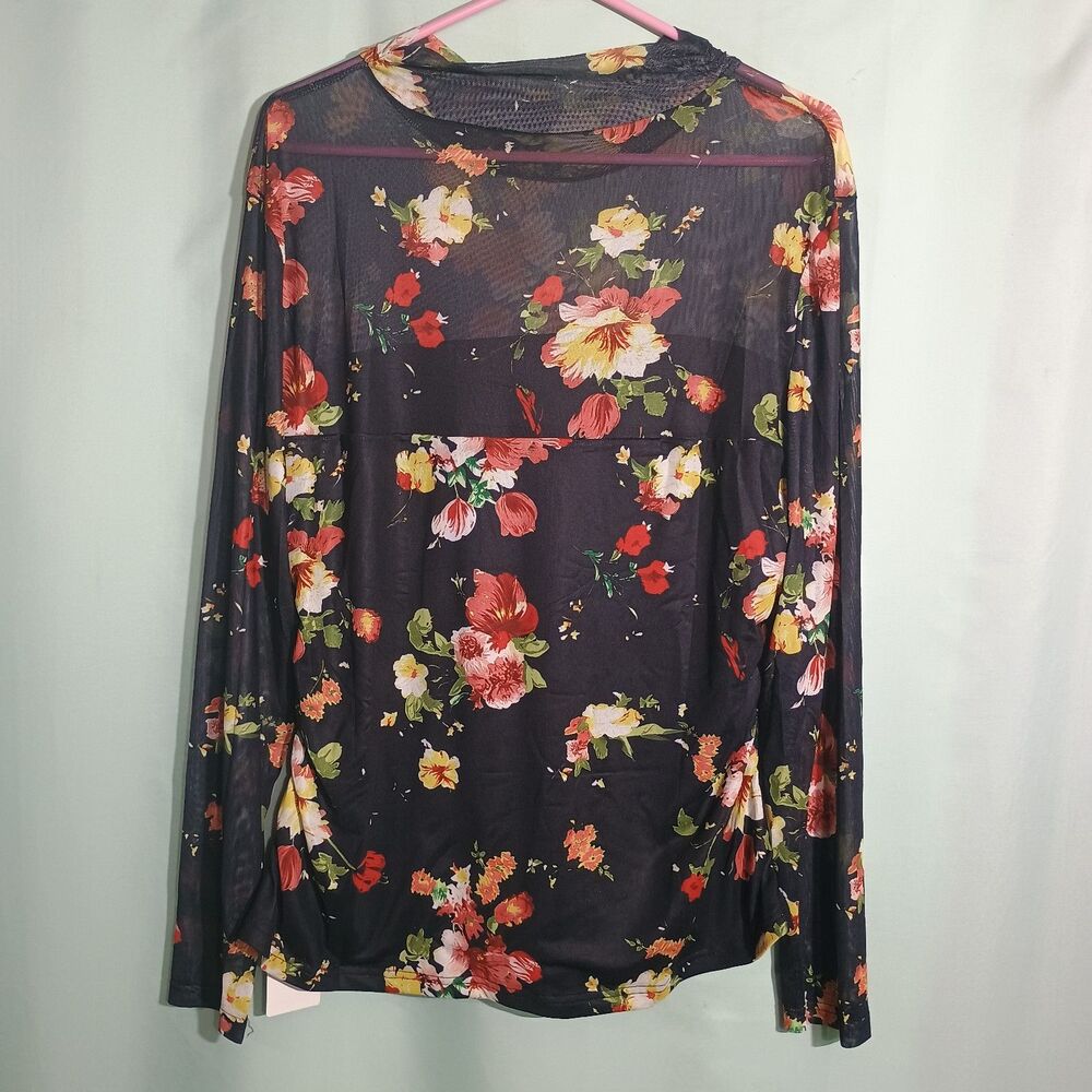 Black Floral Mesh Blouse Sheer Long Sleeve Romantic Poetsky Top